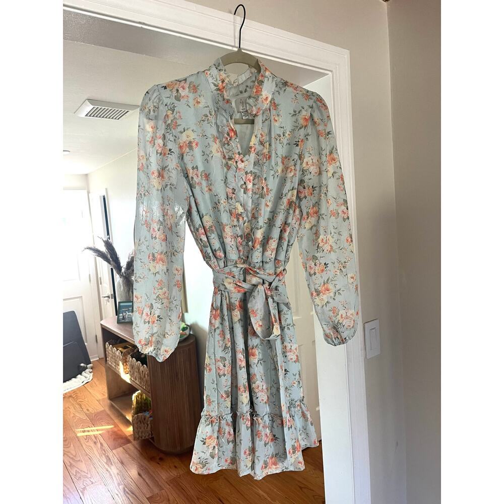 JOIE Short Floral Blue Dress, Ruffle Details, Semi Collar, XL
